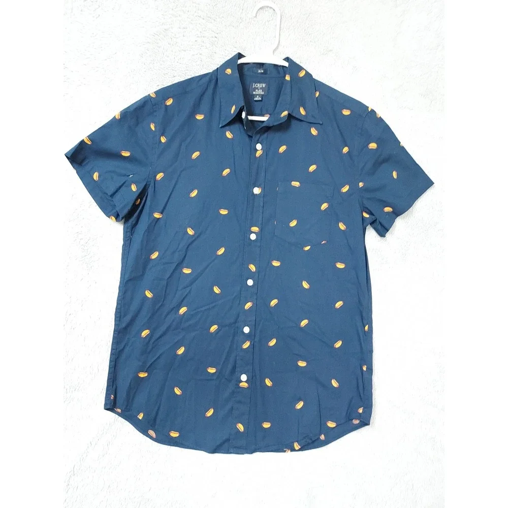 J Crew Shirt Mens Small Slim Flex Washed Hot Dog Print Short Sleeve Blue Novelty